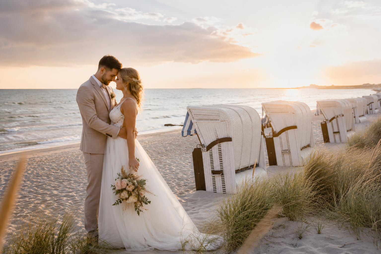 Brautpaar bei Sonnenuntergang am Strand von Fehmarn mit Strandkörben